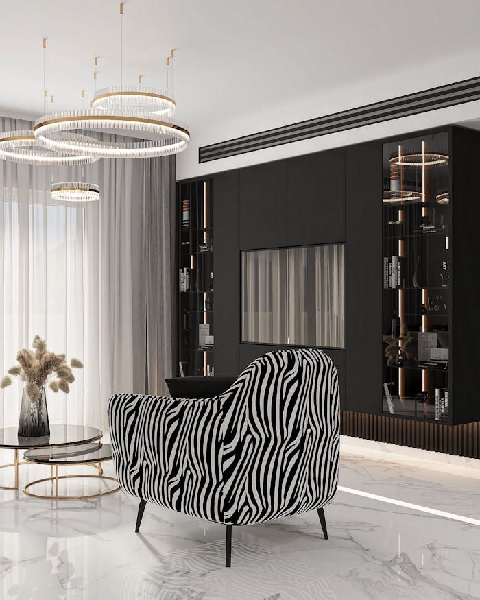Elegant modern living room featuring a zebra print armchair and stylish lighting in Israel.
